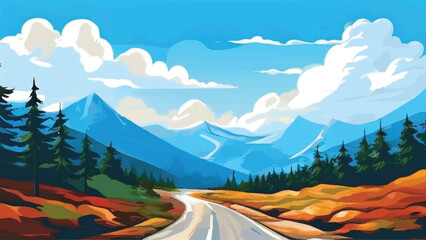 Road with mountains and blue sky. Nature landscape. Mountains landscape. Sky and clouds. Vector illustration. 