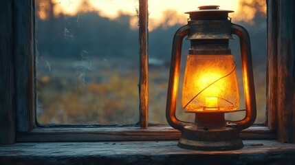 Rustic oil lantern glows warmly on windowsill at sunset