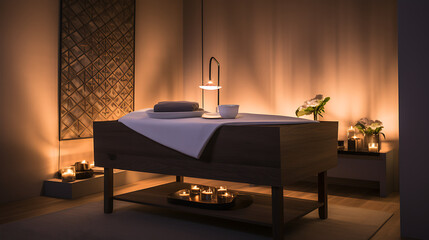 A spa room with a wooden table and candles on it