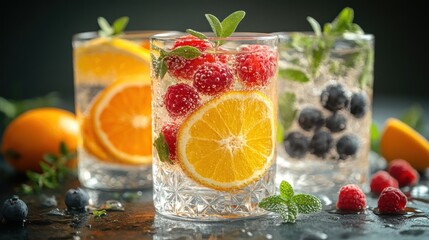 Fototapeta premium Refreshing Summer Drinks: Sparkling Citrus and Berry Infusions