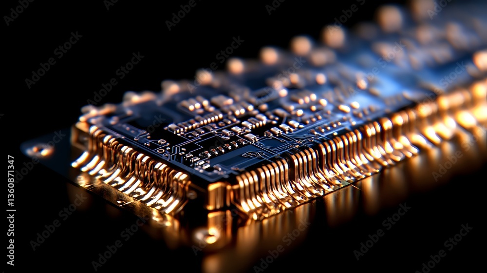 Poster macro shot of electronic microchip with golden pins and circuit paths illuminated dramatically again