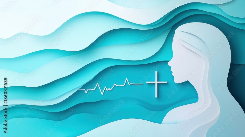 Fototapete layered paper art design featuring calming blues and subtle medical symbols blended harmoniously for