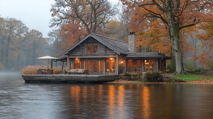 Fototapeta premium Autumn Lakeside Cabin, Warm Lighting