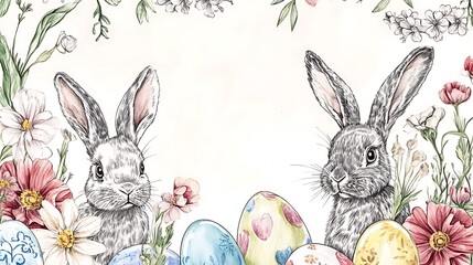 Obraz premium Easter bunnies with flowers, and eggs border. (1)