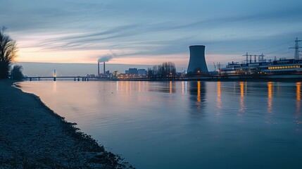 Nuclear power plant cooling tower reflecting in calm river water at dusk with industrial buildings and power lines silhouetted against dramatic evening sky.
