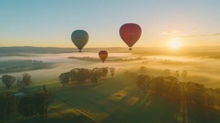 Obraz premium Hot air balloons floating above a picturesque valley at sunrise, illuminating the sky with vibrant colors and a sense of adventure.