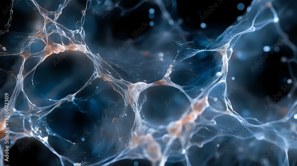 Aufkleber microscopic view of neural network connections with glowing synapses in blue and orange tones showin