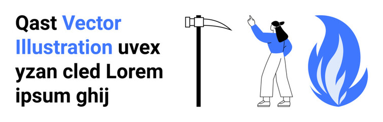 Obraz premium Woman pointing at a blue flame and pickaxe. Ideal for education, workplace safety, energy, mining, flames, warnings and simple landing page. Line metaphor. Simple line icons