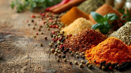 Vibrant colorful spices and herbs arranged in piles on rustic wooden surface with peppercorns, turmeric, paprika, cinnamon sticks and fresh herbs for cooking.