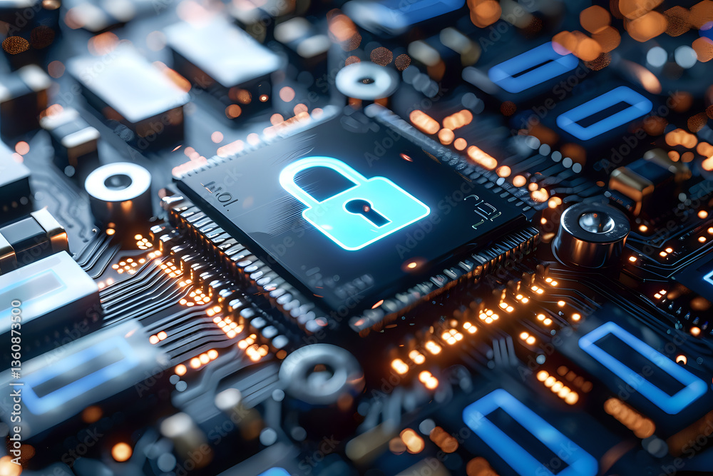 Poster glowing padlock icon on computer processor chip with circuit board background illustrates cybersecur