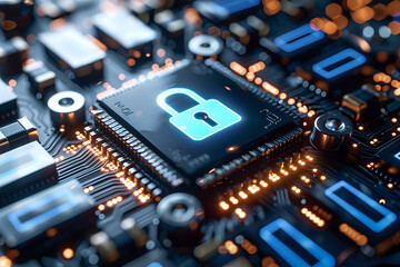Fototapeta premium Glowing padlock icon on computer processor chip with circuit board background illustrates cybersecurity and data protection in modern technology.
