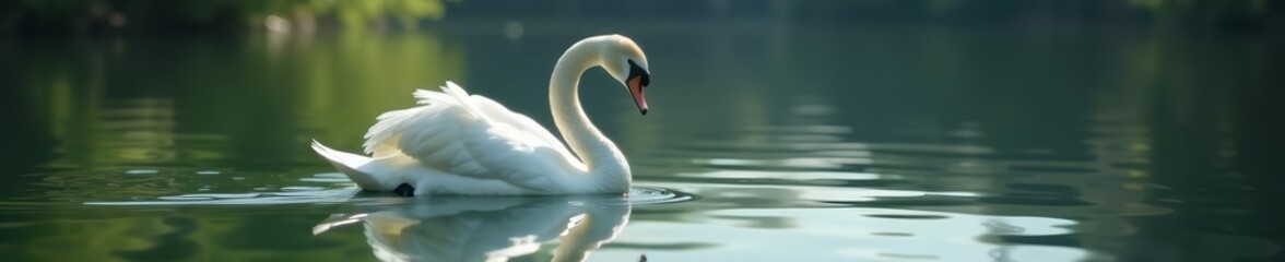 Obraz premium Beautiful white swan in still lake with mirrored image, serene, calm