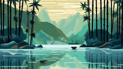 Branches tropical jungle bamboo composition with lake landscape vector