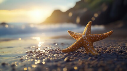 A golden starfish rests on a sandy beach at sunset