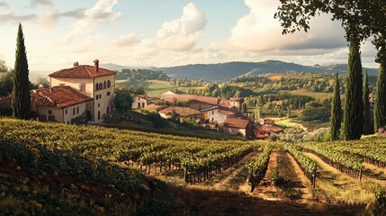 Naklejka premium A picturesque landscape featuring a rural vineyard and village area