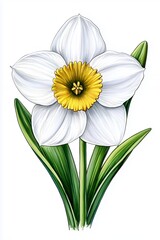 White Daffodil Flower Illustration with Yellow Center