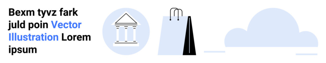 Bank building emphasizing finance, shopping bag for e-commerce, and cloud for technology usage. Ideal for banking, shopping, e-commerce, technology, cloud services, fintech simple landing page
