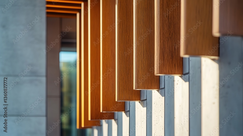 Aufkleber Modern building facade with wooden elements creating a pattern of light and shadow