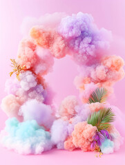 Fototapeta premium Pastel clouds frame, tropical leaves, pink backdrop