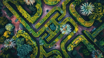 Fototapeta premium Aerial View of Lush Garden Maze with Vibrant Flowers and Intricate Pathways