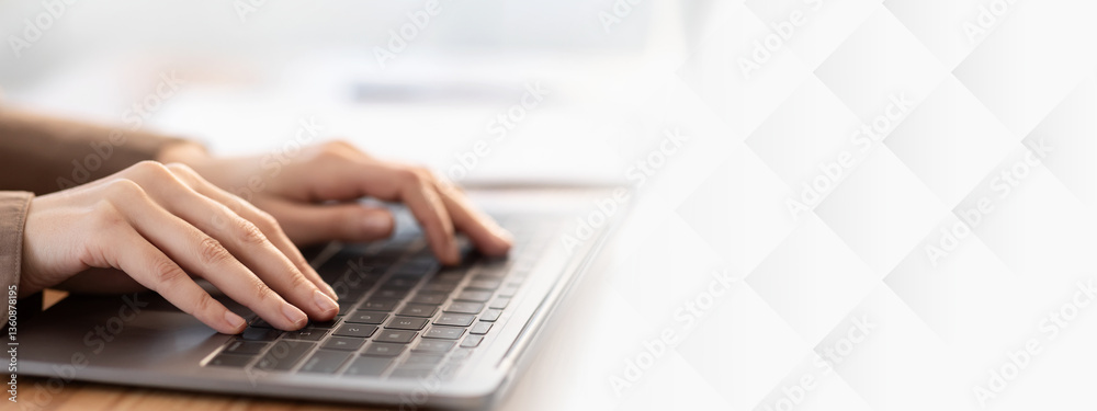 Aufkleber Working At Laptop Pc. Close up image of woman hands typing text or programming code using computer at home