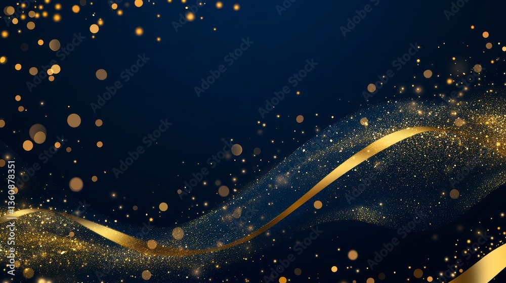 Poster abstract dark blue background with golden glittering wave and bokeh lights.