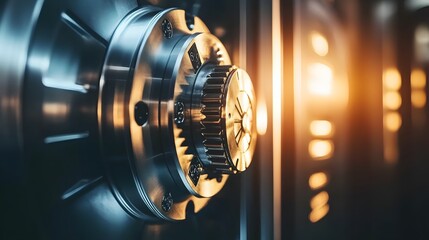 Close-up of combination lock on a bank vault door protecting valuables