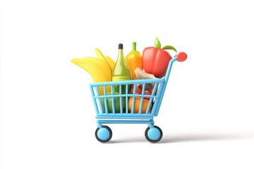 Cheerful 3D plasticine style shopping cart with groceries on clean white background