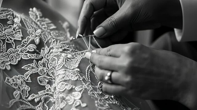 Intricate stitching of lace details on a wedding dress is carefully completed by skilled hands in a dimly lit room