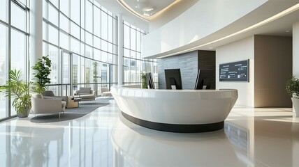 Photorealistic image of a spacious office lobby with virtual receptionists, interactive touch screens, and digital navigation aids
