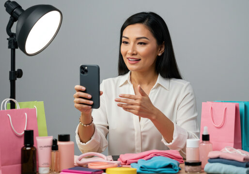 Woman engrossed in phone, surrounded by shopping bags at table.