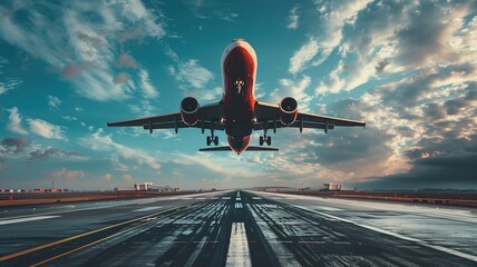 A cargo plane taking off from an airport runway, engines roaring, the plane rising into the clear blue sky, large shipping containers visible in the cargo 