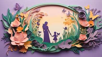 "Mother's Day Papercut Card Template: Mom and Kid Design"