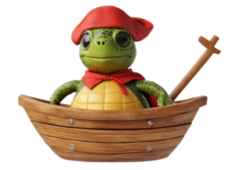 Cute turtle character in a wooden boat wearing a red hat  on Transparent Background