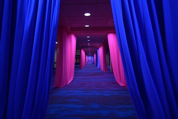 Fototapeta premium A Long Hallway Framed by Blue and Pink Hanging Curtains