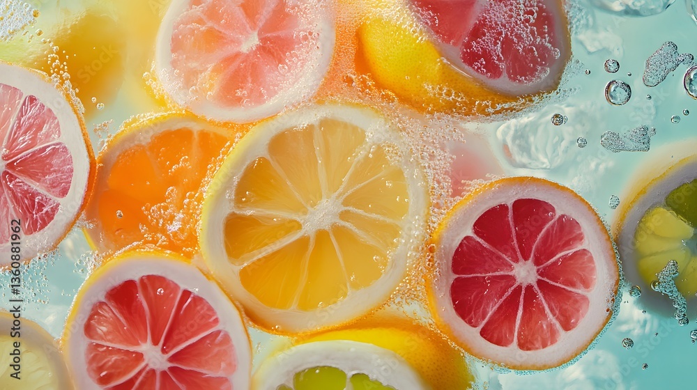 Poster Slices of citrus fruits floating in sparkling water with bubbles