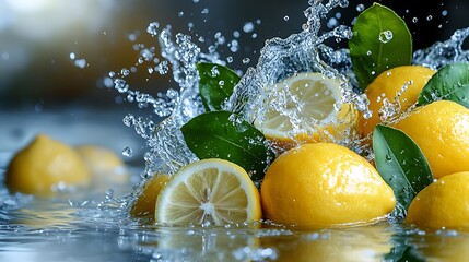 Dynamic splash of fresh lemons and green leaves in transparent water, frozen in motion with vivid realism.