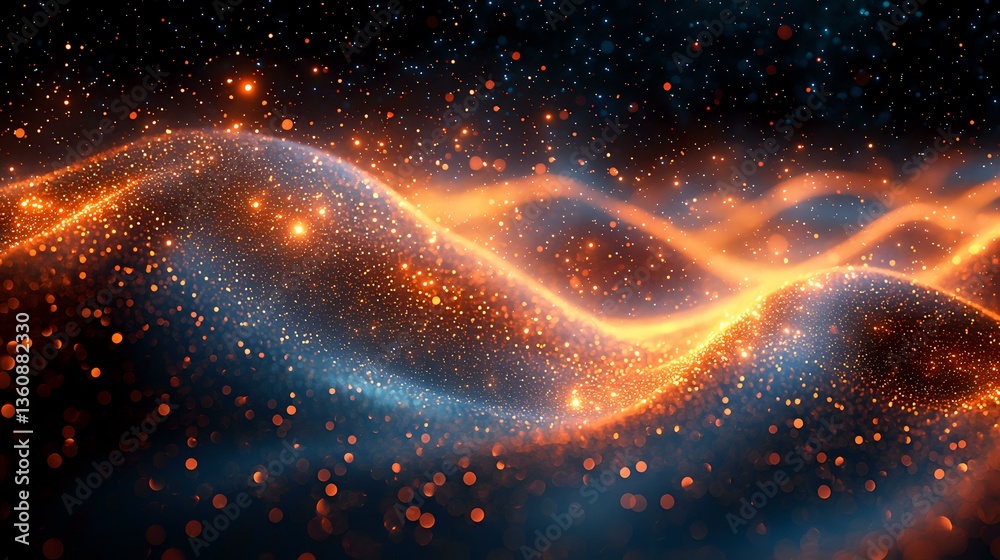 Poster glowing orange and blue waves of light particles flow through dark space creating magical cosmic eff
