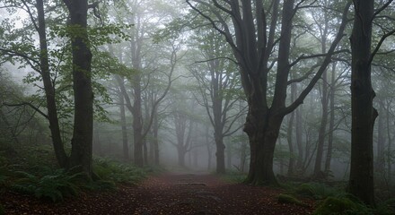 Fototapeta premium Misty Forest Path Through Ancient Woods 