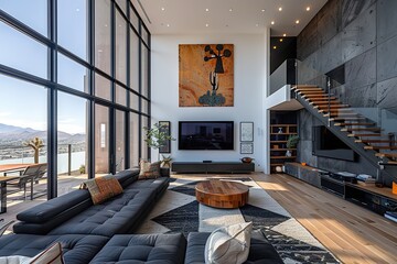 A contemporary living room with a large wall-mounted TV, a sleek black sofa, a geometric rug, and high ceilings, accented with statement lighting and a wall of windows