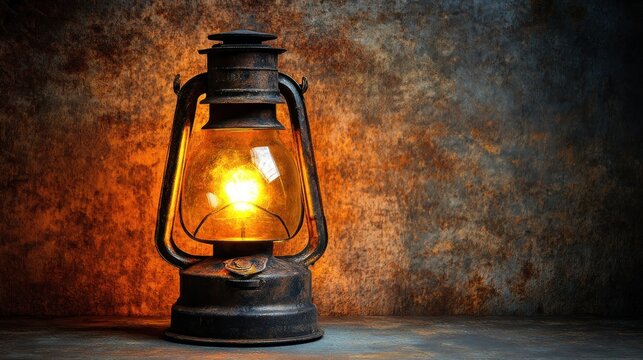 Rusty vintage lantern glows warmly. An antique oil lamp casts a warm orange light, - Powered by Adobe