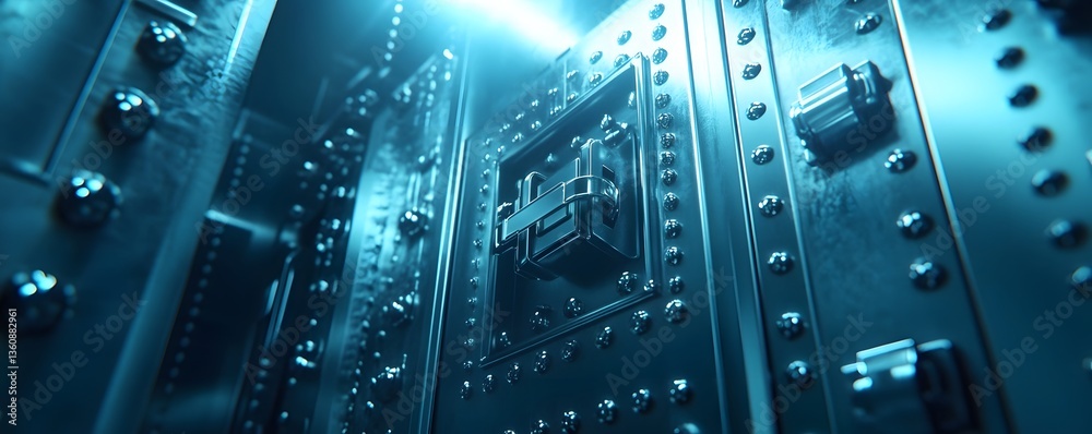 Poster futuristic vault door secured with complex locking mechanism in blue light