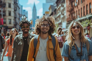 Fototapeta premium A diverse group of friends walking together through a bustling city street on a sunny day, casually chatting, laughing, and enjoying each other's compan