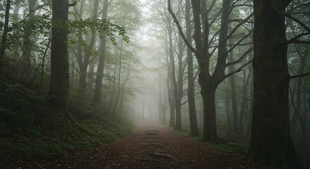 Fototapeta premium Misty Forest Path Through Ancient Woods 
