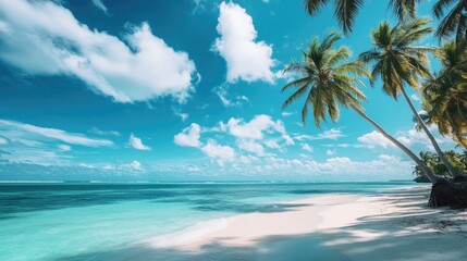Scenic view of a tropical beach with crystal-clear waters, white sand, and palm trees swaying under a bright blue sky, evoking a paradise getaway.