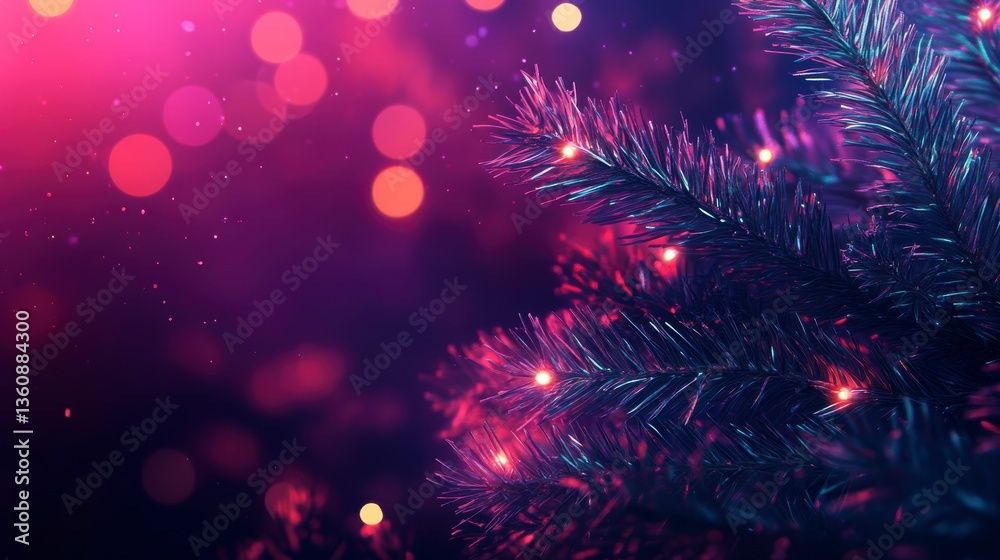 Poster close-up of a decorated christmas tree branch with warm lights against a bokeh background.