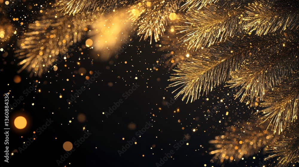 Poster golden fir branches with bokeh lights and glitter on a dark background.