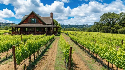 Scenic vineyard with rolling green hills, a rustic farmhouse, and rows of grapevines, perfect for a wine country vacation.