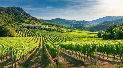 Naklejka premium Scenic vineyard with rolling green hills, a rustic farmhouse, and rows of grapevines, perfect for a wine country vacation.