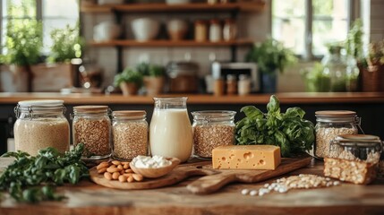 Naklejka premium Plant-based milk, cheese, grains, and nuts on kitchen counter.
